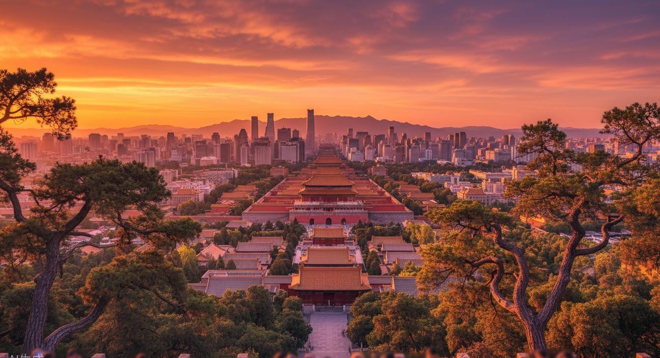 Jingshan Park — panoramic sunset view over the Forbidden City and modern skyline