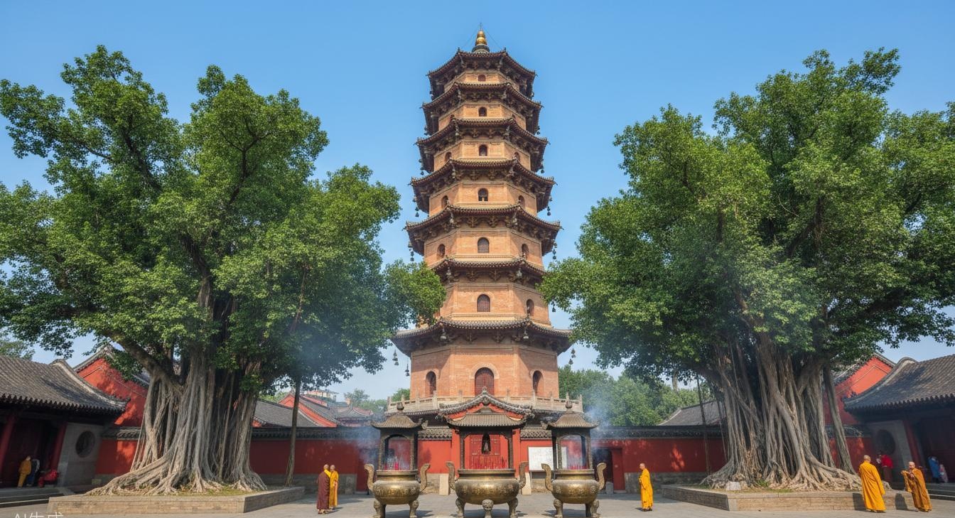 Six Banyan Temple — pagoda rising above ancient trees and incense smoke