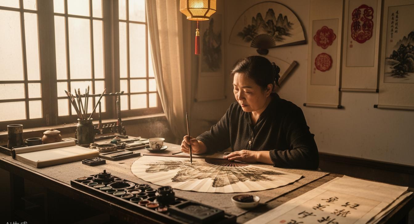 Hand-Painted Fan — watch an artisan paint the mountains you just floated through