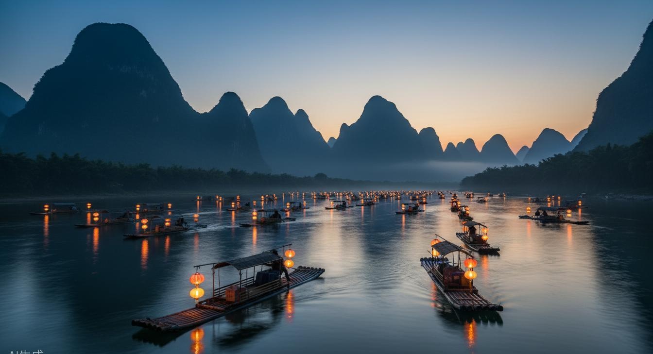 Li River Fishing Lights — lanterns drifting like stars on the water at dusk
