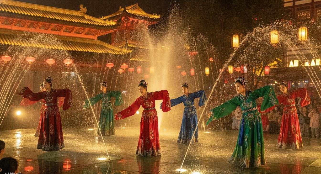 Grand Tang Mall — water dancers and lantern-lit streets, Chang'an reborn at night