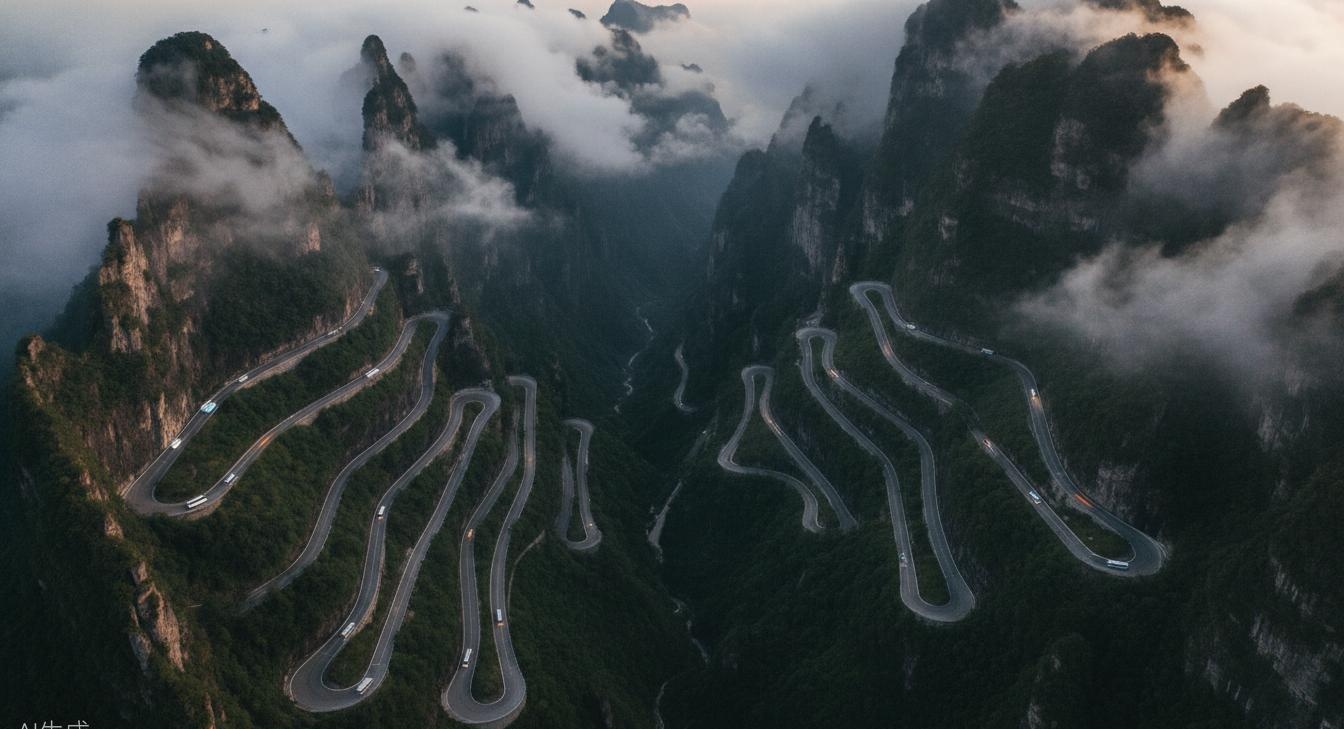 99 Bends — hairpin turns winding up Tianmen Mountain